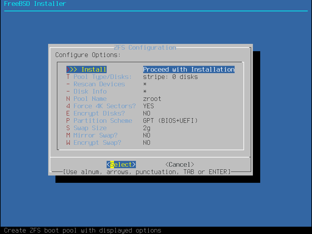 Menu showing the different options to configure the ZFS pool