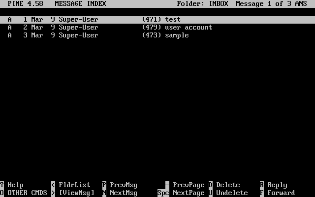 alpine email client showing the message index
